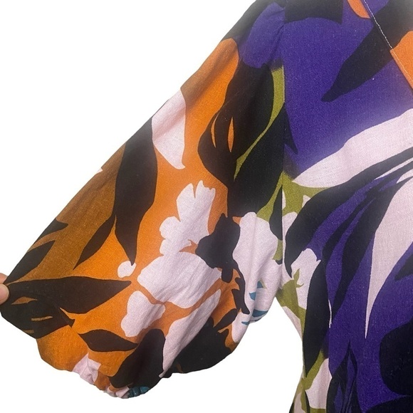 For Cynthia Linen Blend Puff Sleeve Bold Print V-neck Shirt Dress Size L - Picture 3 of 9